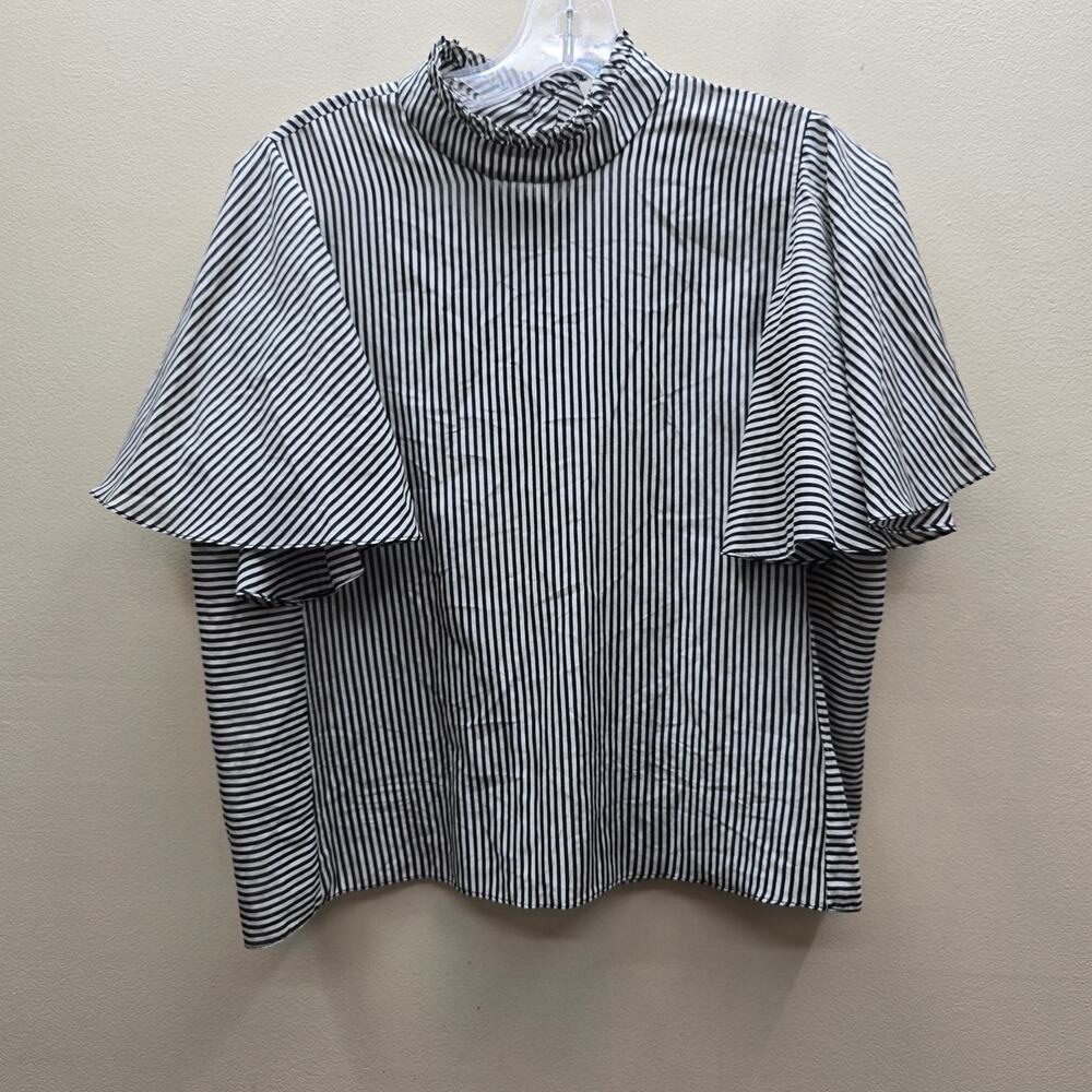 WHIT Silk Blend Vertical Striped Flutter Sleeve Blouse Top Black White SZ Medium